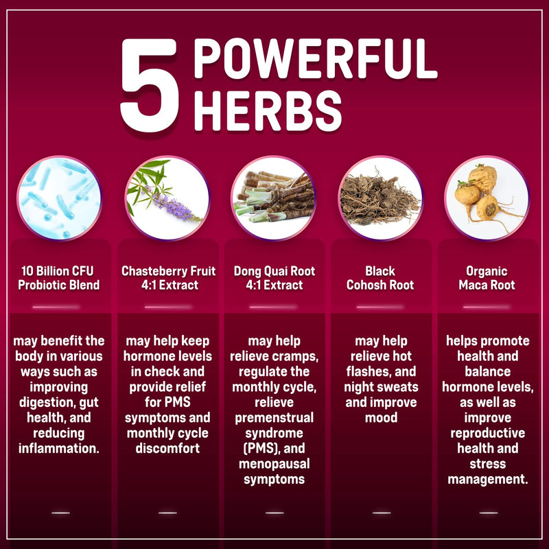 [Australia] - Hormone Balance + Probiotics for Women- Natural Menopause Relief, Weight Management, Bloating, Hot Flashes, PMS | Organic Maca, Chasteberry, Dong Quai & Black Cohosh | Non GMO |120 V Capsules 1 
