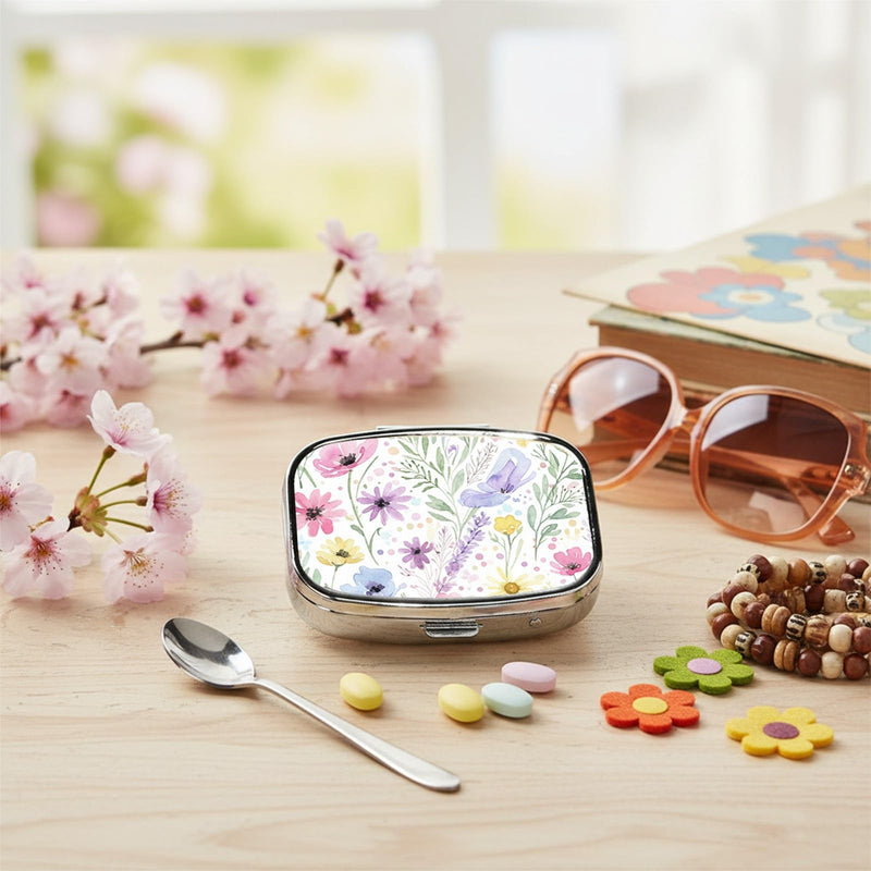 Square Pill Case Small Pill Box with Mirror Pocket 2 Compartment Vitamin Pill Medicine Case Organizer Pill Containers for Traveling Oil-Painted Wildflowers Two Wildflower Two