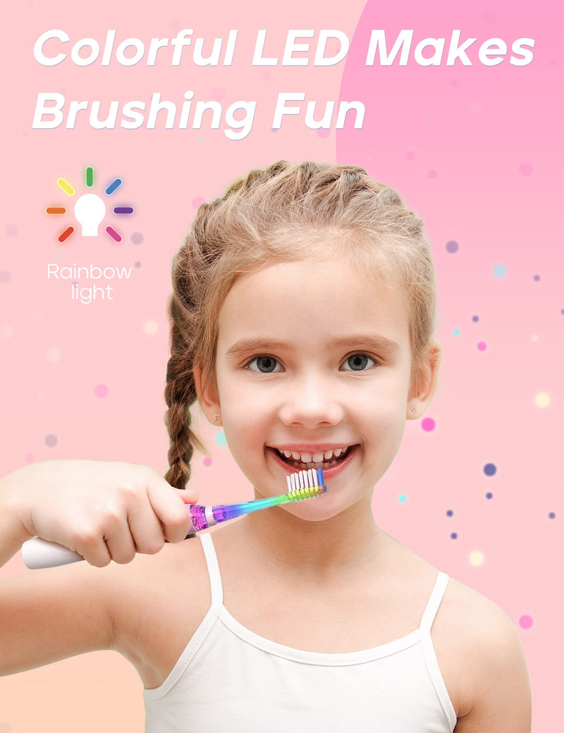 [Australia] - SEAGO Kids Electric Toothbrush with 2 Mins Brushing Timer and 4 Replacement Bursh Heads,Rainbow LED Light make Brushing Fun, Pink Color Girls Battery Powerd Toothbrush for 4-12 Years Old 