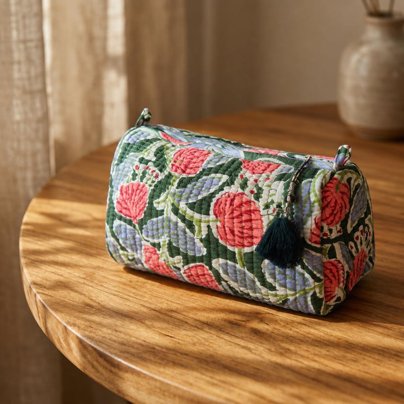 Saarva Global Travel Toiletry Pouch Set, Forest Green Floral, Cotton, Floral Pattern, Zipper, 9x4x7 Inches, 0.5 Pounds, Reusable