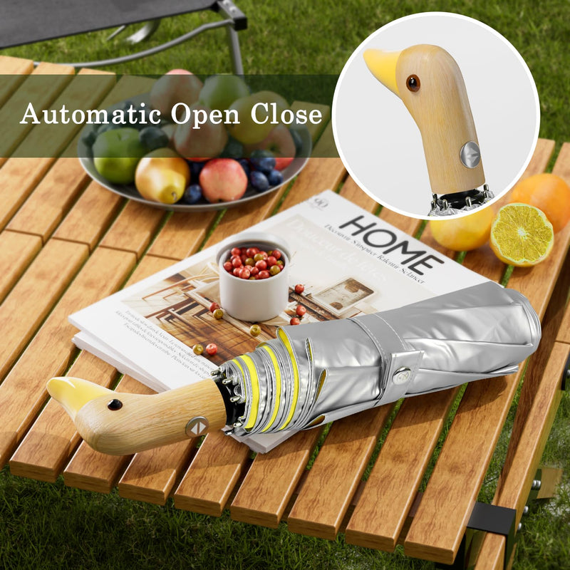 Yellow Duck Auto Umbrella - 46 inch Yellow Travel Duck Handle Compact Folding Cute Animal Sun Umbrella UV Protection for Adults Kids