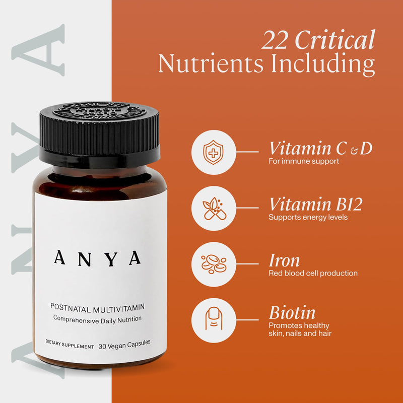 ANYA Postpartum Multivitamin, 30 Capsules, Vegan, Non-GMO | Multivitamin with vitamins A, C, D3, B12, biotin, folate, iron & zinc. Vegan, non-GMO, gluten-free