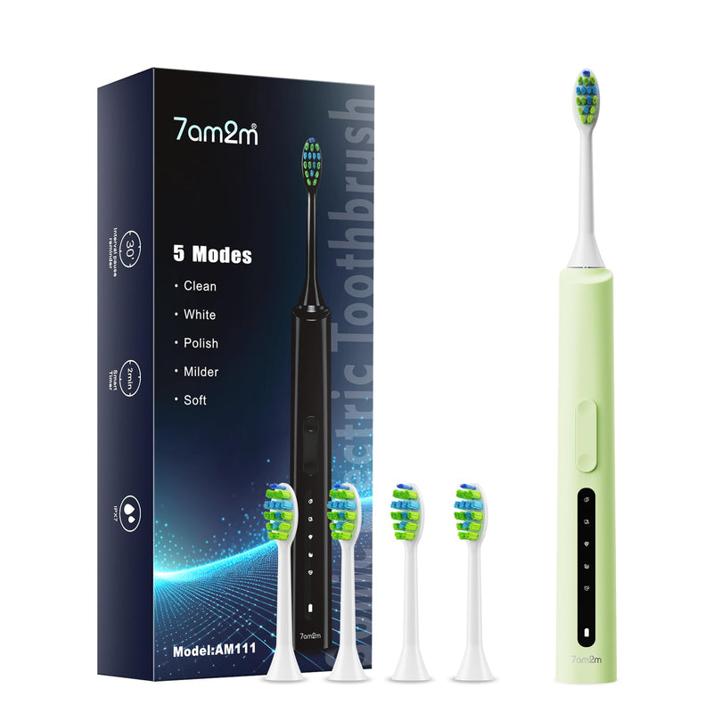 7AM2M Sonic Electric Toothbrush, High Power Rechargeable Toothbrushes, 5 Modes with 2 Minutes Built in Smart Timer, with 4 Brush Heads for Adults and Kids, One Charge for 60 Days (Green) Green