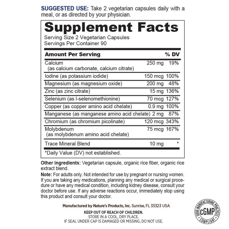 Mineral Vitamin for Men & Women Supplement - with Trace Minerals, Magnesium, Zinc and Iodine - 180 Capsules