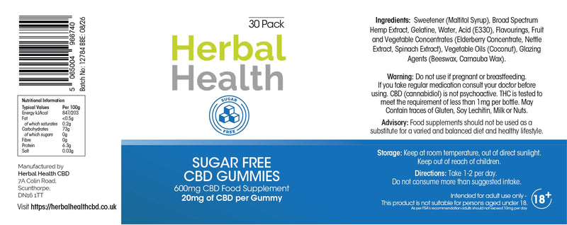 Herbal Health Sugar Free CBD Gummies 20mg 30 Pack - Mixed Fruit Flavour Broad Spectrum CBD Gummy Bears for Sleep & Anxiety Support, 600mg Total CBD