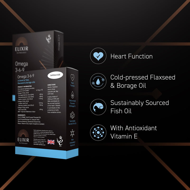 Omega 3-6-9 Softgels | Supports Normal Heart Function & Cardiovascular Health | Essential Fatty Acids from Fish, Flaxseed & Borage Oil | Vitamin E for Antioxidant Support | 30 Capsules | UK Made