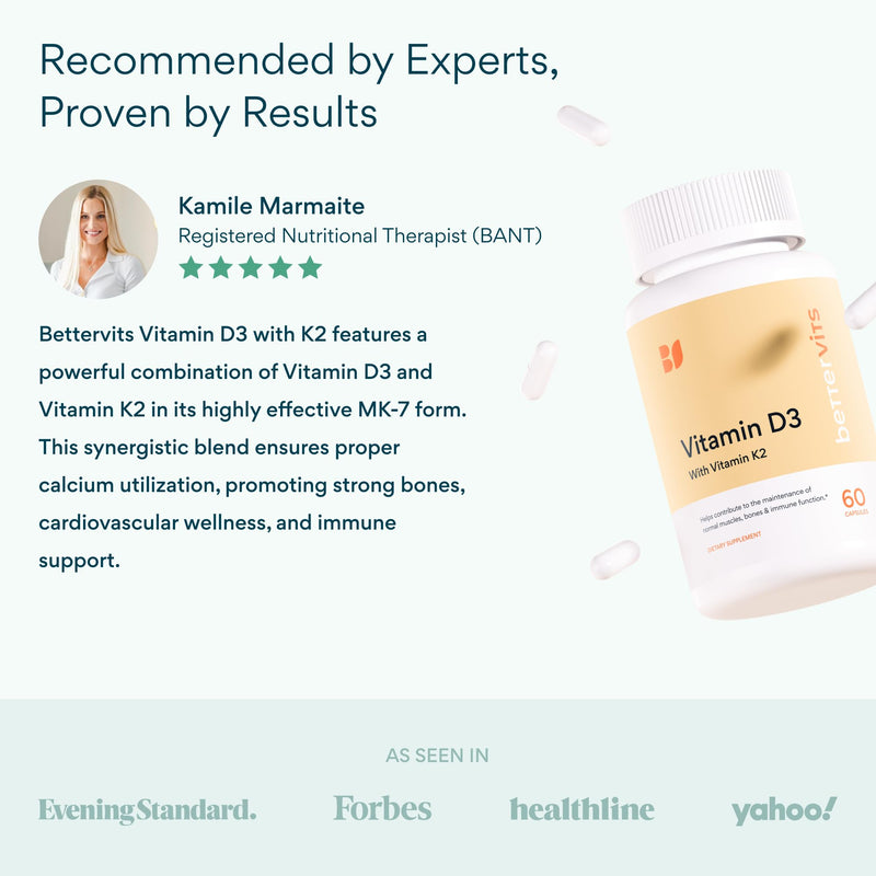 Bettervits Vitamin D3 5000 IU & K2 MK-4 for Bone and Immune Health | Supports immune health, bone strength and calcium absorption for women and men | 60 Capsules