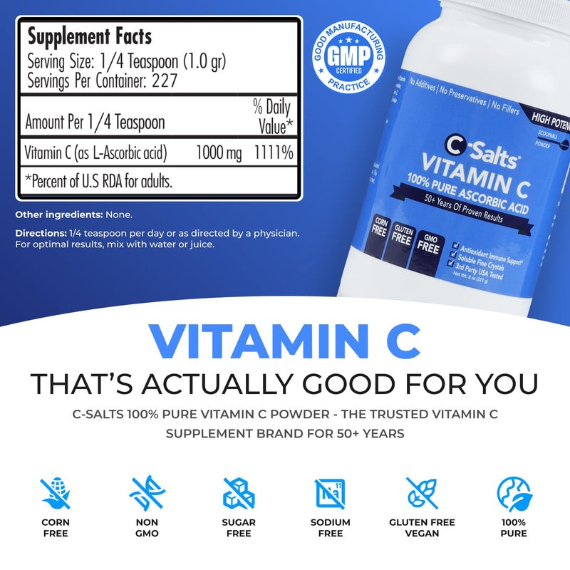 C-Salts Ascorbic Acid Powder 1000mg - Pure Vitamin C Supplement for Immune Support and Antioxidant Defense - 100% Pure with No Additives, cGMP Certified, Non-GMO, 8oz 8 Ounce (Pack of 1)