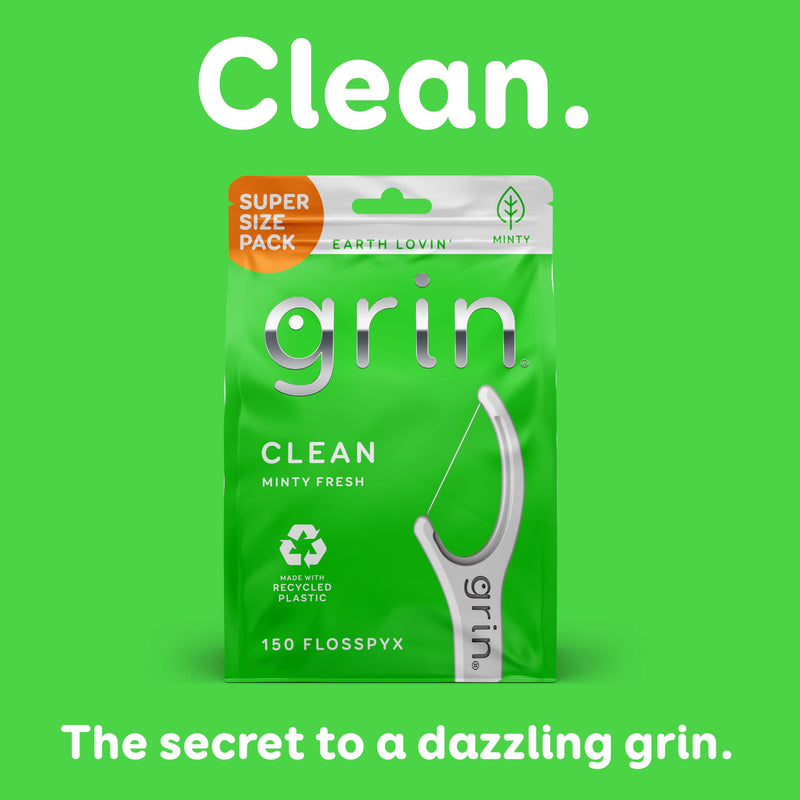 [Australia] - GRIN Clean Flosspyx, Floss Picks, 150 Count, Dental Flossers, Minty Flavor, Recycled Plastic, Super Strong Fine Floss, Tight Teeth, Premium Longer Floss Head, Includes Safe Fold-Back Tooth Pick 150 Count (Pack of 1) 