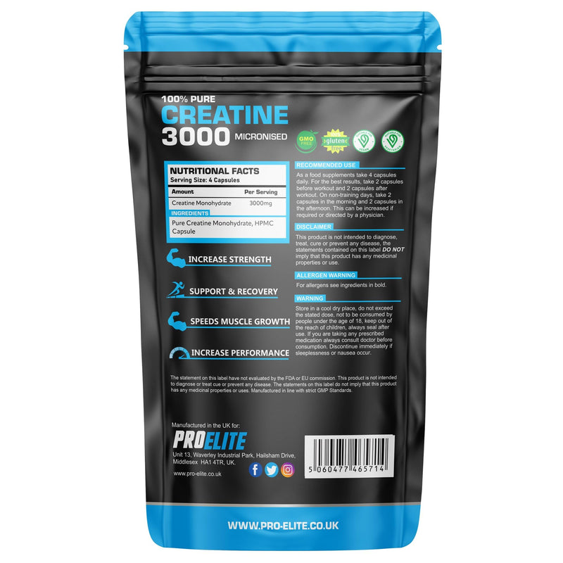 Creatine Capsules x 360 Vegan 3000mg of Unflavoured Creatine Monohydrate per Serving, NO FILLERS & Binders Micronised Pure Creatine Tablets Alternative by PROELITE 360 count (Pack of 1)