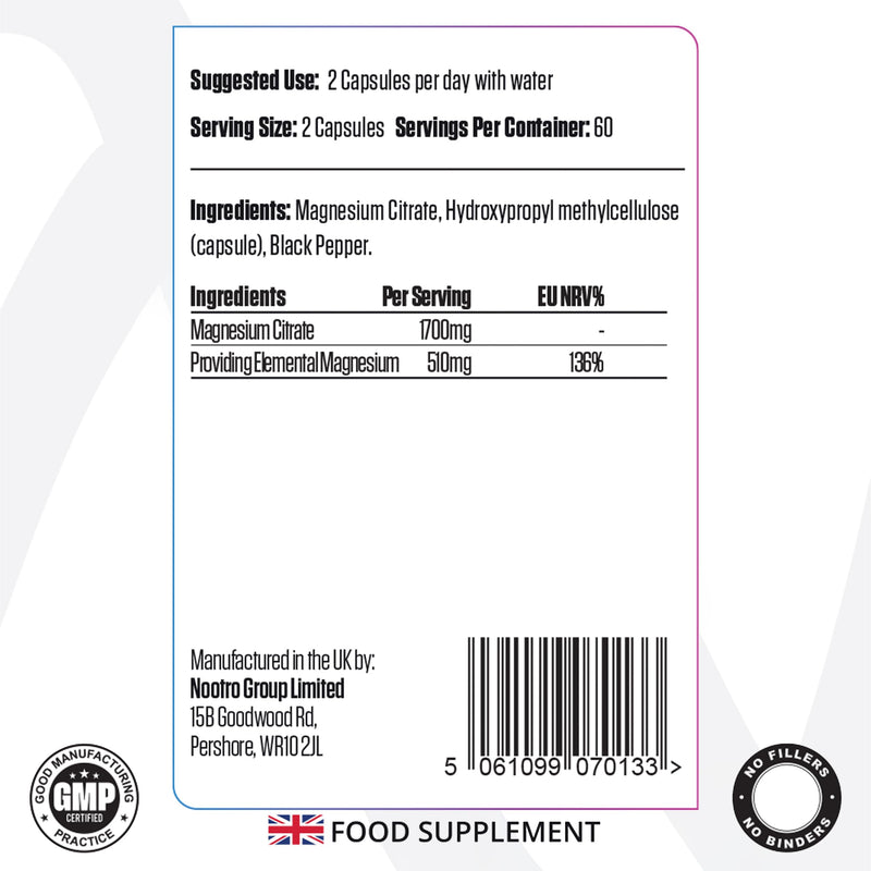 Nootro Labs Magnesium Citrate Supplement, High Strength 510mg Elemental Magnesium, Bioavailable Form to Support Energy, Muscles, Nervous System & Wellbeing, Vegan (60 Servings, 2 Month Supply)