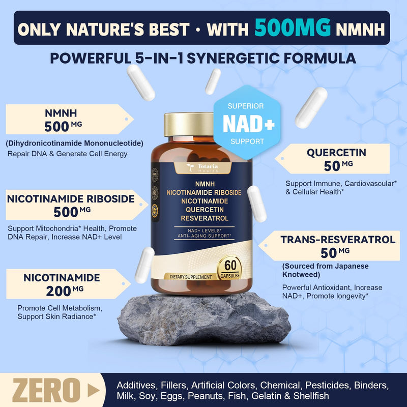 Totaria NMNH 500mg (Dihydronicotinamide Mononucleotide), Premium NMN Alternative Supplement w/Niacinamide (Vitamin B3), Quercetin, Trans-Resveratrol, 60 Ct 60 Count (Pack of 1)