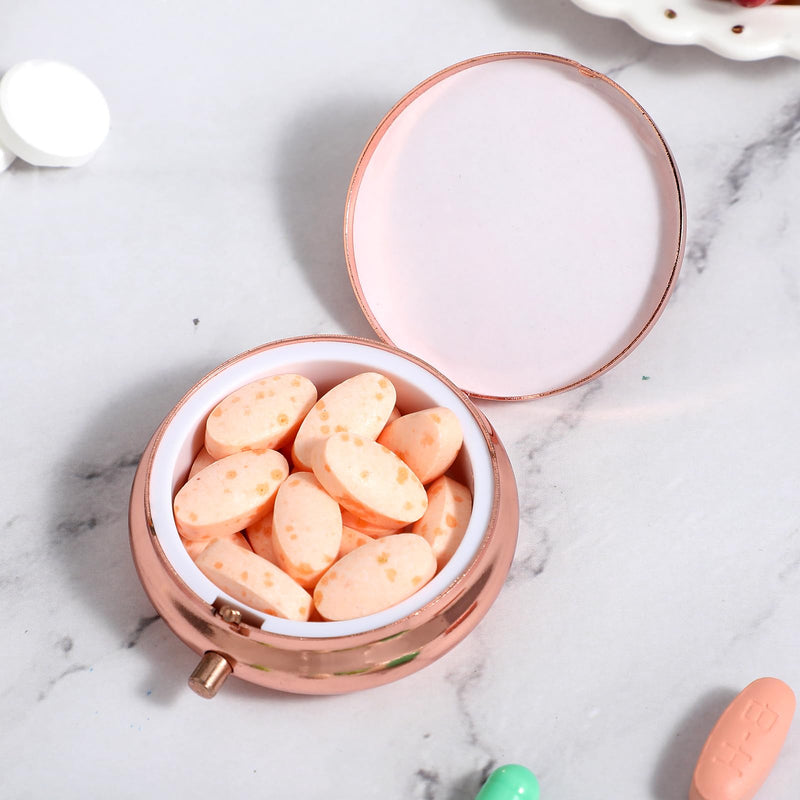 WLLHYF Pill Box Cute Small Pill Box for Purse & Pocket Medicine Organizer Travel Pillbox Waterproof Pill Case Metal Pill Container Holder for Vitamins, Fish Oil, Supplements (Rosegold) Rosegold