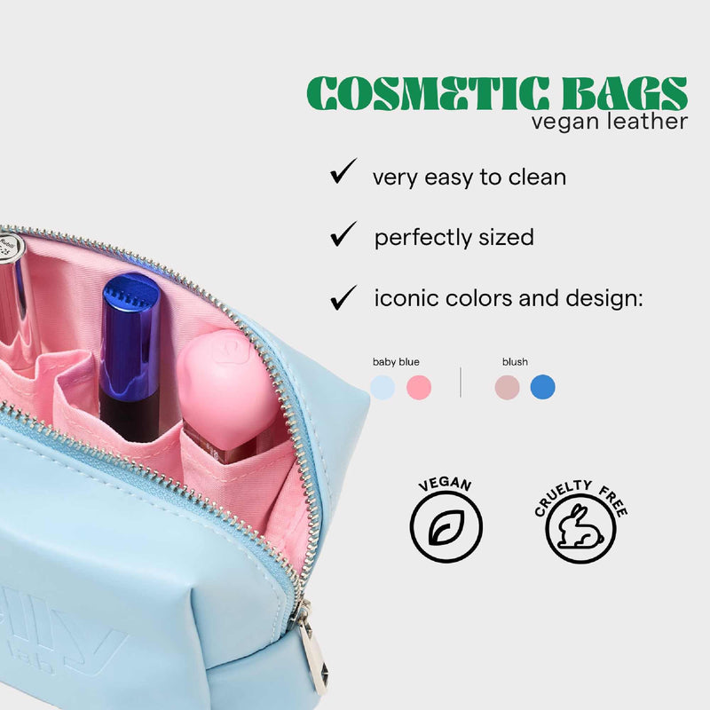SARELLY, Mini Makeup Bag, Blue Vegan Leather with Compartments, Leak-proof, Sarelly Creativo Lab Baby Blue