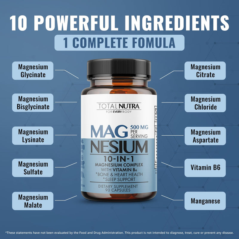 10-in-1 Magnesium Supplement 500 mg | High Absorption Magnesium Complex with Mag Glycinate, Citrate, Vitamin B6 Magnesium for Sleep, Muscle, Bone & Heart Health, Vegan & Gluten-Free, 45 Day Supply