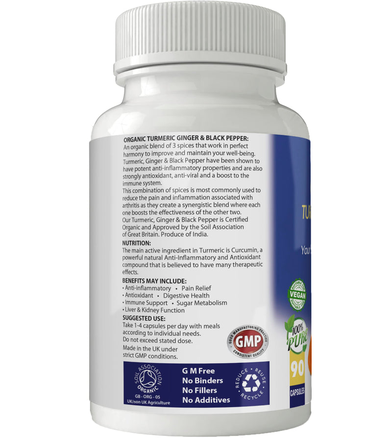 Organic Turmeric, Ginger & Black Pepper for Inflammation & Chronic Pain | 720mg Capsules x 90 | 100% Pure Soil Association Certified | Gluten Free | GM Free | Vegan