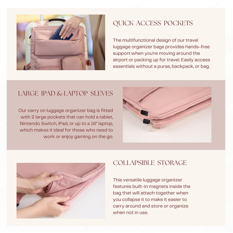 BAREFOOT CARIBOU Over Luggage Organizer, 16 Inch Laptop Sleeve (Pink) | Slides over carry on suitcase handle, storage pockets, adjustable straps, lightweight nylon, travel accessories bag Pink