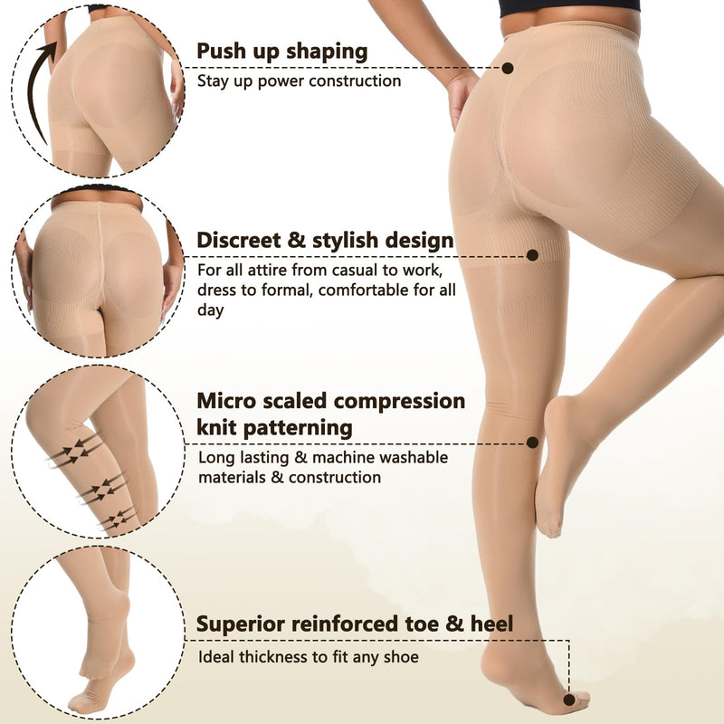 [Australia] - +MD Medical Compression Pantyhose for Women,Closed Toe 15-20mmHg Graduated Compression Support Tight,Black/Nude High Waist Compression Stocking Medium/Large (Pack of 1) Nude 