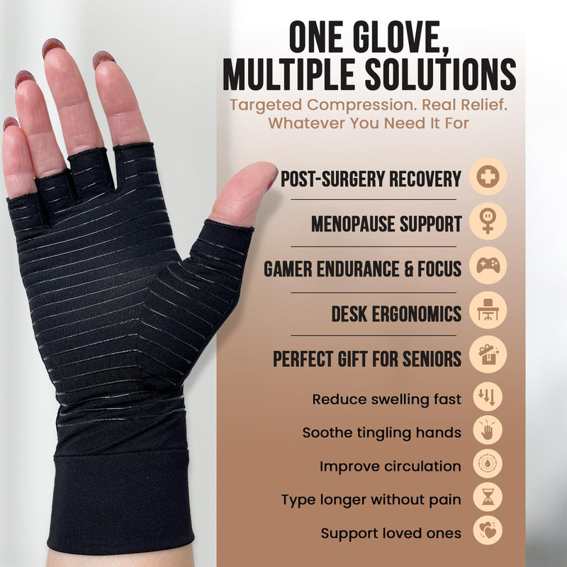 UPDATED Copper Compression Gloves for Arthritis, Carpal Tunnel, Post-Surgery Recovery, Menopause Relief, Gaming, Office Typing – Fingerless Support Gloves for Pain, Swelling Circulation, Large -2 Pack