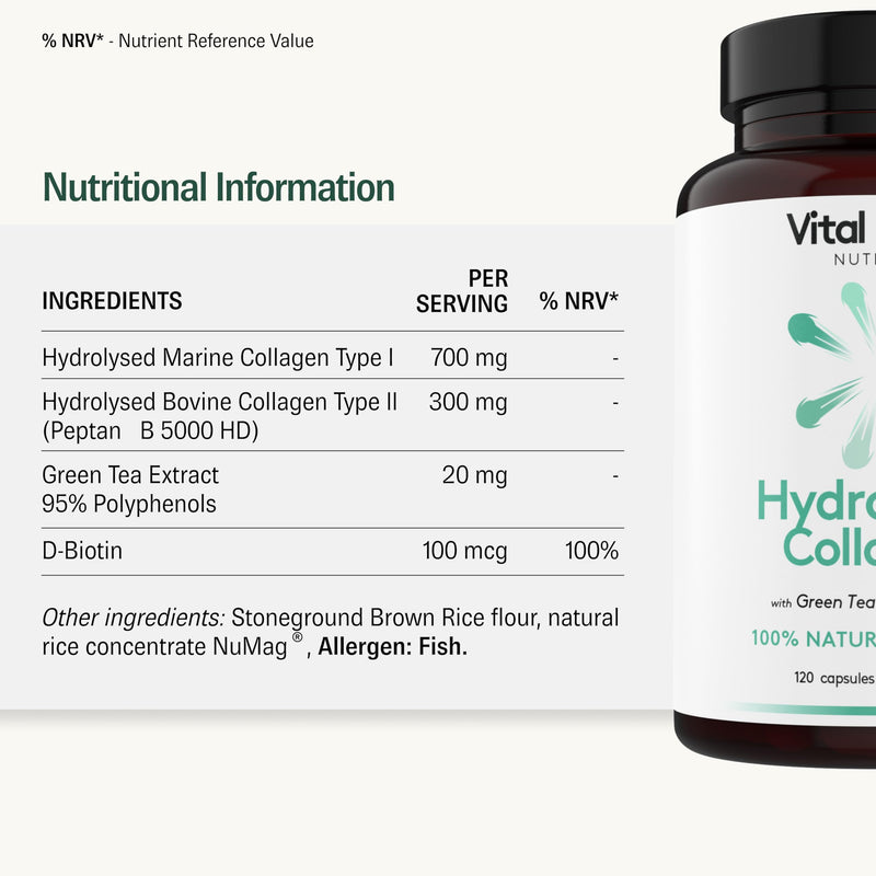 Beauty Supplement - Hydrolyzed Marine and Bovine Collagen (Type I and III) + Green Tea + Biotin - UK Made