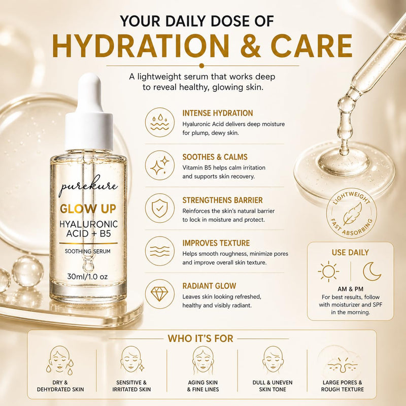 Hyaluronic Acid Serum for Dry & Sensitive Skin – Organic, Deep Hydration + Vitamin B5 for Barrier Repair, Lightweight Face Serum for Fine Lines & Smooth Skin, Non-Greasy, 30 mL