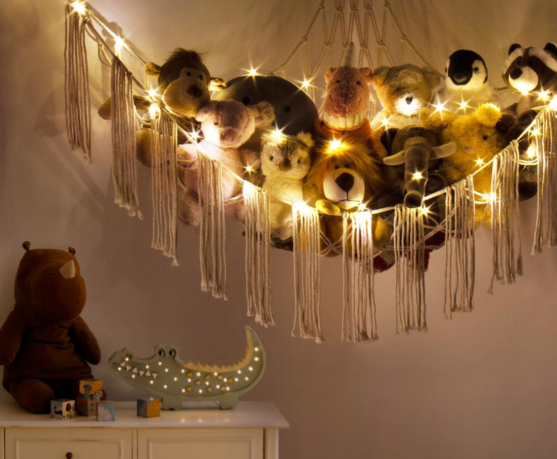 [Australia] - Stuffed Animal Hammock Corner with LED Light - Toy Storage Hammock Plushie Net Large - Cute Stuff Animals Holder Hanging Organizer - Baby Room Decor Kids Toddler Nursery Bedroom Boho Beige Large(43"*43"*56") 
