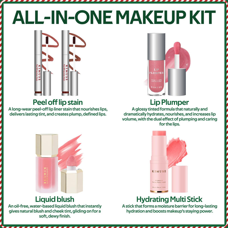 [Australia] - KIMUSE All in One Makeup Kit for Women, Girls, Teens with Makeup Bag, 4 Pcs Makeup Gifts Set Includes Lip Stain,Lip Plumper,Liquid Blush,Multi Balm Stick, Christmas Make Up Collection, Holiday Present 