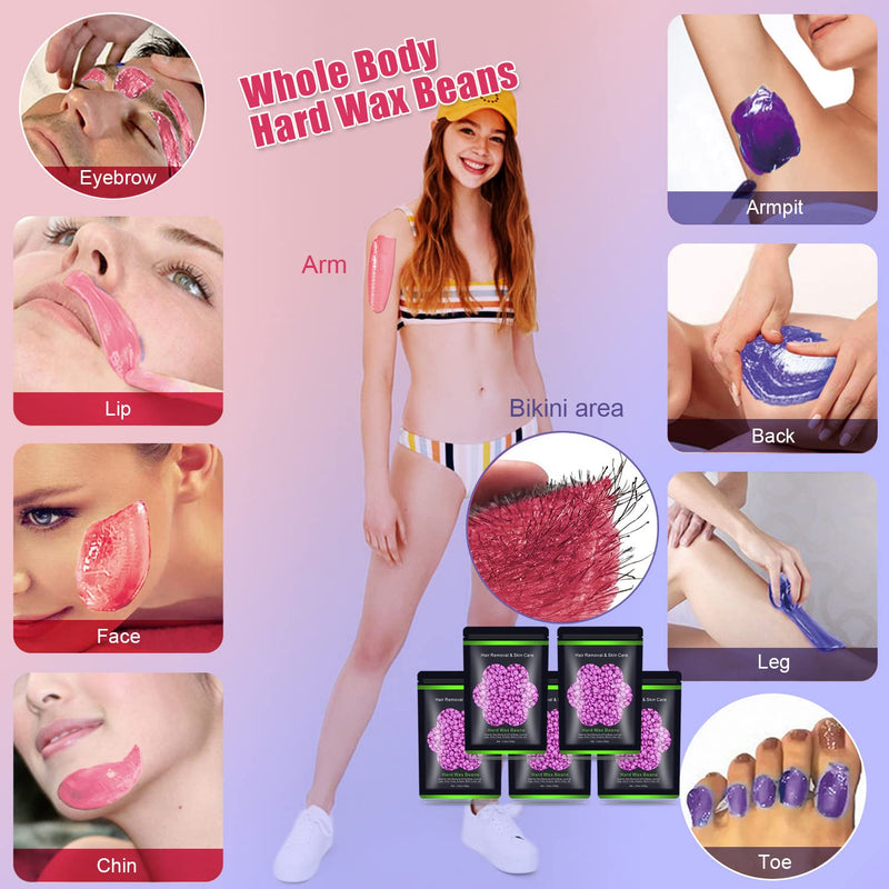 [Australia] - Hard Wax Beads for Hair Removal 1.1 lb (17.6 oz) - Sensitive Skin, Brazilian, Face, Bikini, Legs, Eyebrow - Painless Waxing Kit for Women Men, 5 Packs With 10 Wax Sticks 5 Purple 