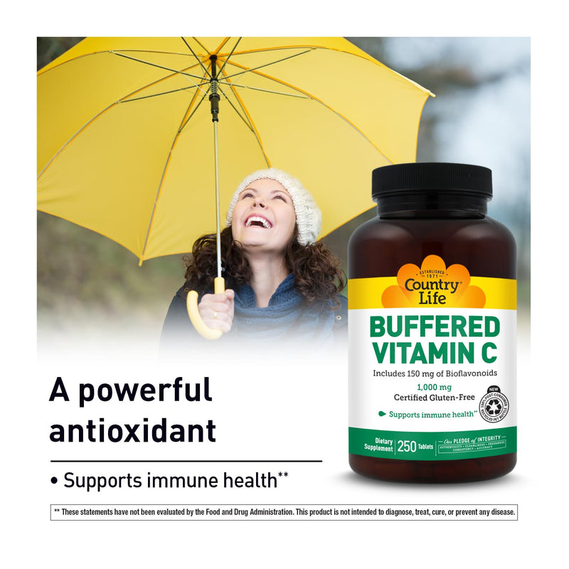 Country Life Buffered Vitamin C 1000 mg, 250 Tablets | Gentle one-tablet formula 150 mg lemon bioflavonoids, rose hips, calcium and magnesium for daily immune support 250 Count (Pack of 1)
