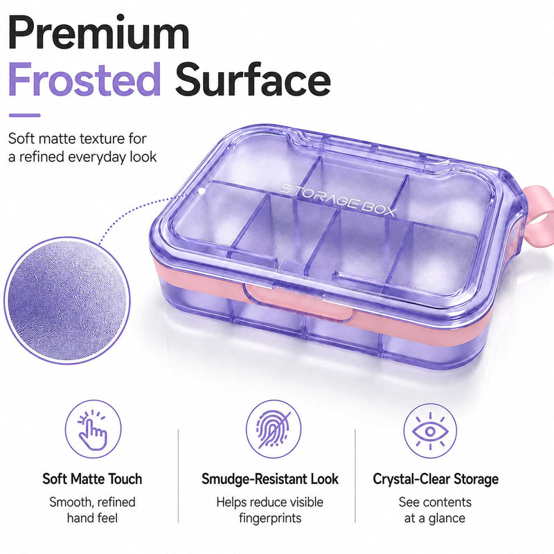 Small Pill Case, Travel Pill Organizer, Pocket Size Medicine Box, 7 Compartments Compact Pill Box for Fish Oil Vitamins Supplements Daily Medications, Purse Backpack Office Amber Purple