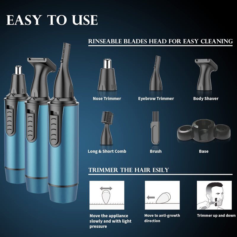 [Australia] - Men's Nose Hair Trimmer, 3 in 1 Professional Ear Hair Trimmer and Nose Hair Remover for Men and Women, USB Rechargeable, Dual Blades, IPX7 Waterproof, Easy Cleaning, Blue 