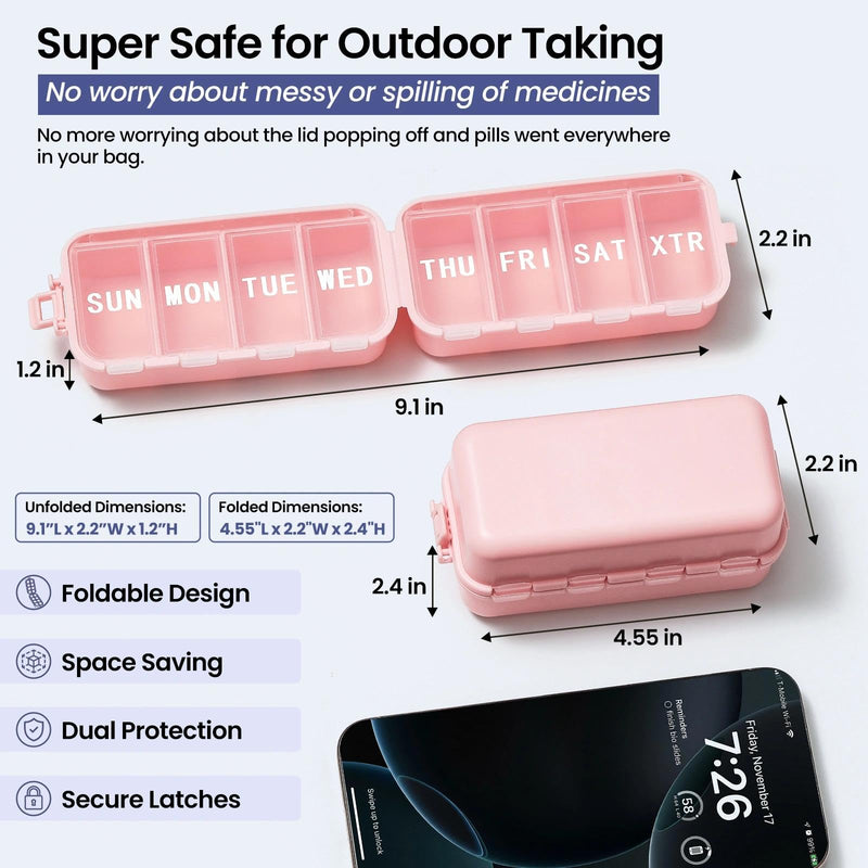 Foldable & Portable Weekly Pill Organizer, Week Daily 7 Day Travel Pill Box | 1 Time A Day, with 1 Extra Compartment, Double Lock, Large Medicines Case Holder Dispenser for Med, Vitamin, Supplement, Pink