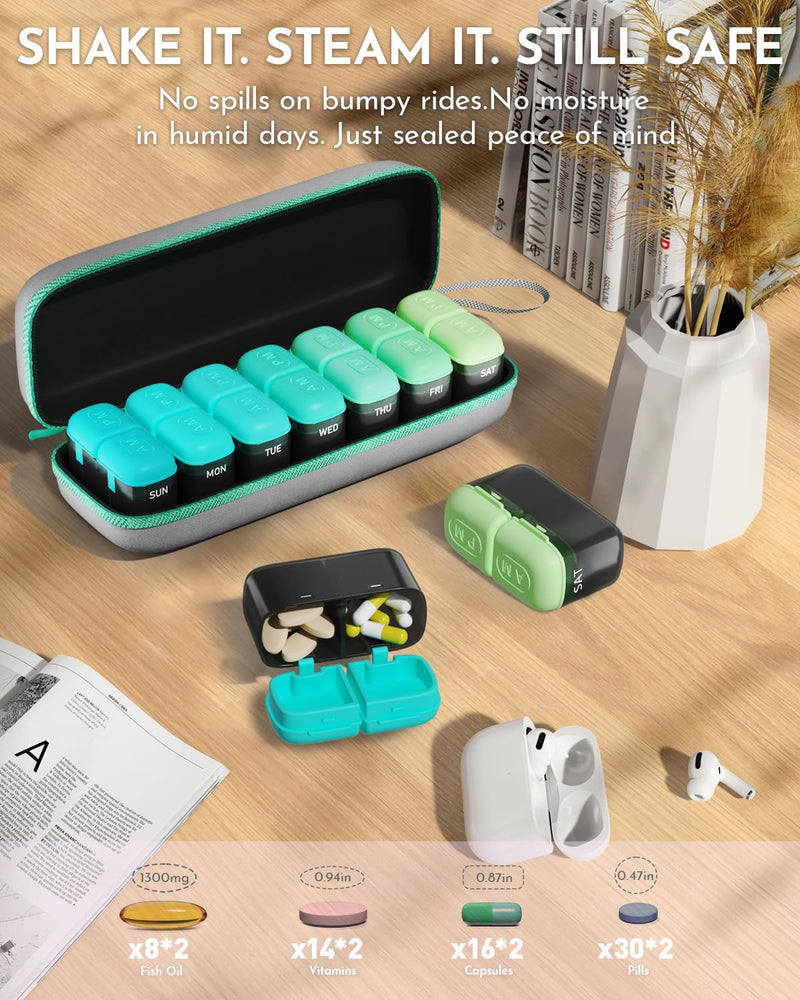 Weekly Pill Organizer 2 Times a Day, 7 Day Travel Medicine Pill Organizer with Moisture-Proof Silicone Lid, AM PM Daily Pill Box for Vitamins & Supplements, Aesthetics Pill Case(Green) Green