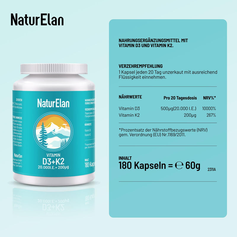 [Australia] - Vitamin d3 k2 capsules high dosage - 20000I.U. + Vitamin K2 MK7 200 mcg per dose, 180 vegetarian capsules, without additives, produced in Germany 20000IE 