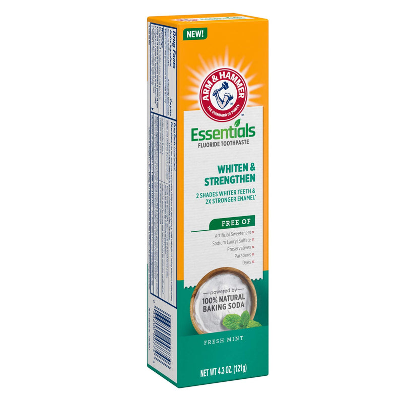[Australia] - ARM & HAMMER Essentials Whiten & Strengthen Fluoride Toothpaste-4 Pack of 4.3oz Tubes, Fresh Mint- 100% Natural Baking Soda- Fluoride Toothpaste 