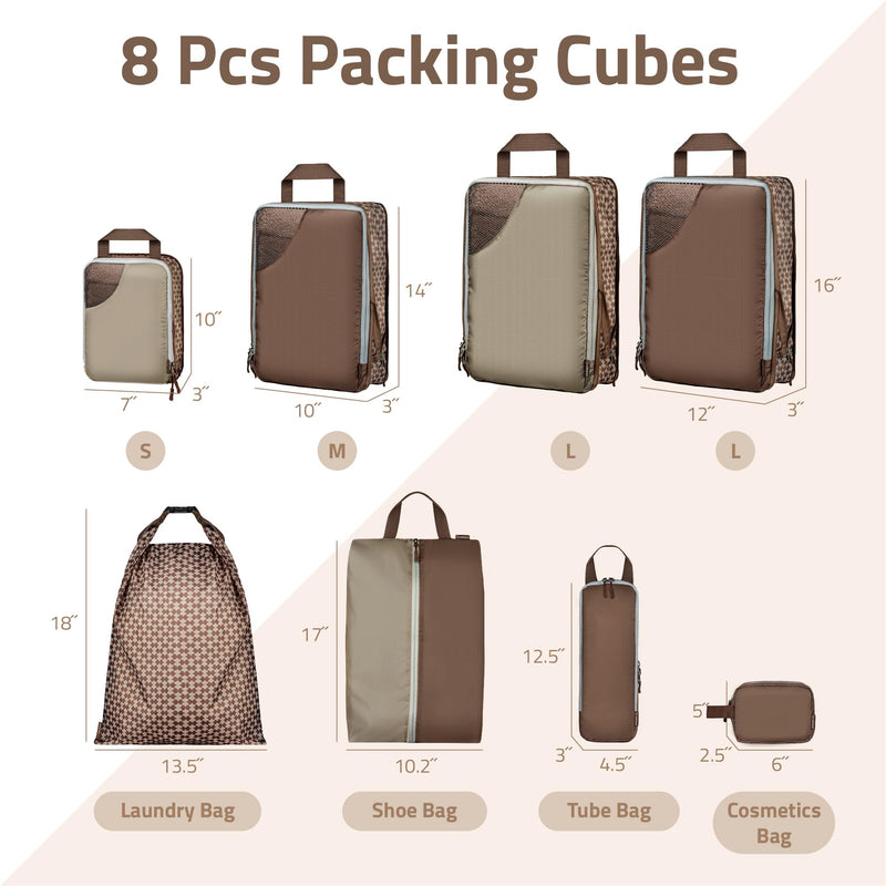 Oriday Set of 8 compression packing cubes for travel accessories- Expandable bags for clothing, toiletry, backpacks, organizing essentials (Beige) Beige