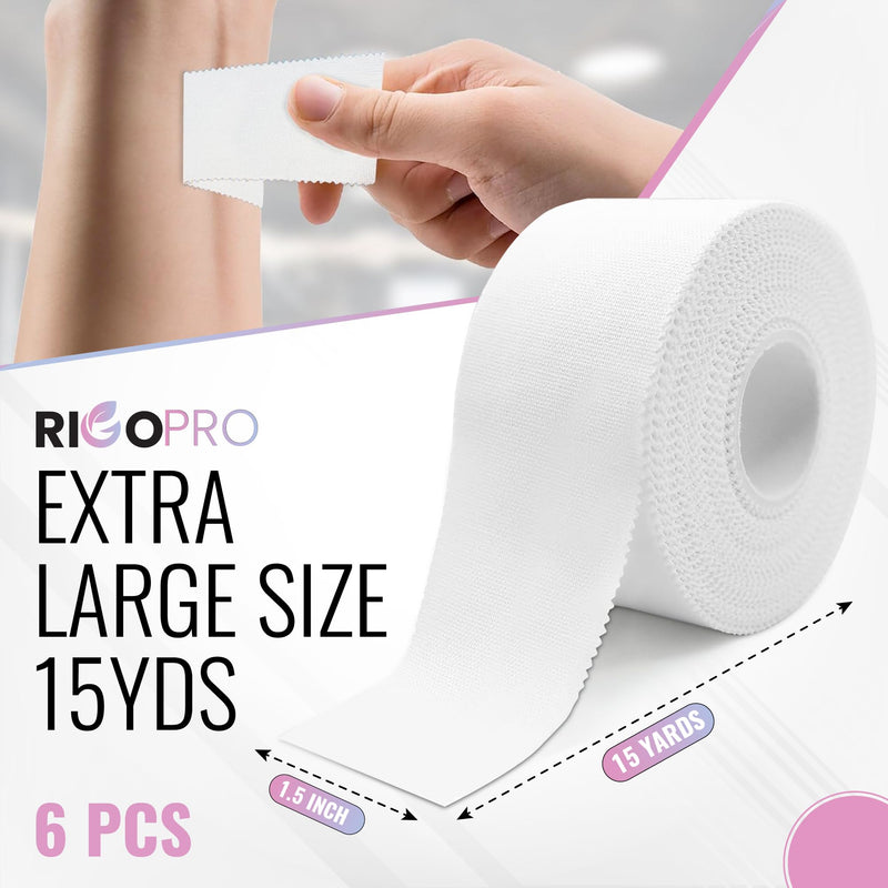 6 Pack White Athletic Tape 1.5 Inches x 15 Yards - 270 ft - Easy Tear, Rigid, No Residue. Sports Medicine - Athletes, Medical, Therapy, Athletic Trainers: Ankles Wrists Fingers, Zinc Oxide Adhesive