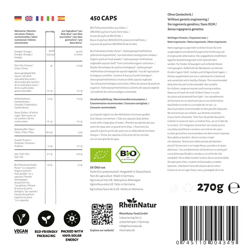 [Australia] - RheinNatur organic psyllium husk capsules - 450 pieces high dosage (3,000 mg per serving) - Made in Germany - fiber capsules - Psyllium Husk - psyllium capsules - Supports digestion 