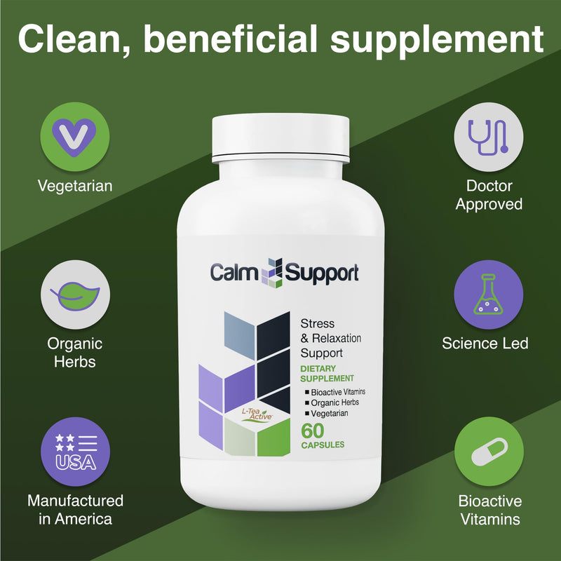 CalmSupport: Stress & Relaxation Support - Ashwagandha, Passion Flower, Valerian Root, Ginger, GABA, Velvet Bean, Motherwort, Oat Seed, L-Theanine, L-Tryptophan, Folate, C,B1,B6,B12,Zinc - 60 Capsules