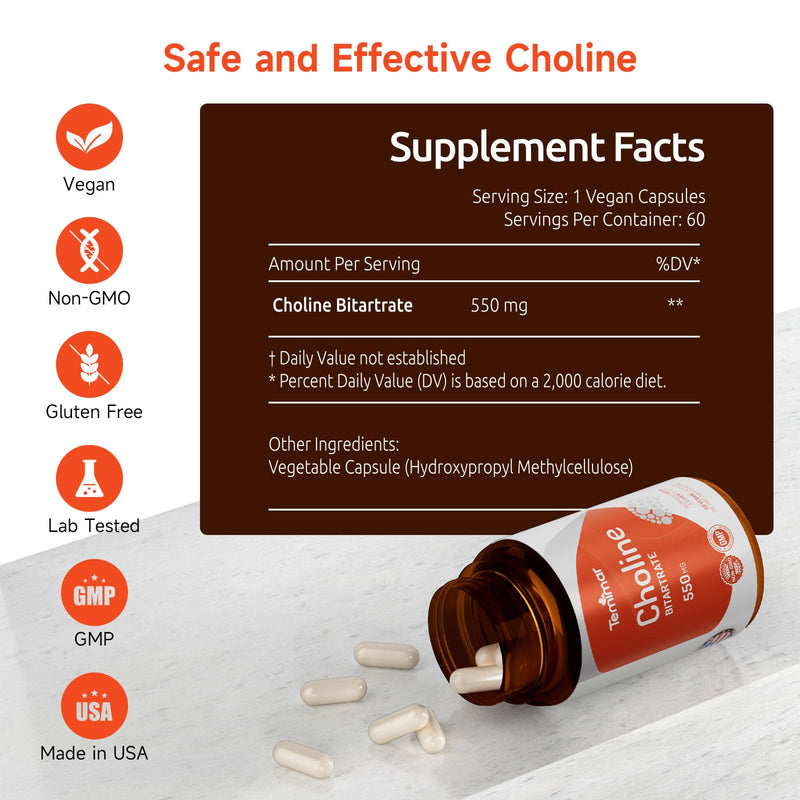 [Australia] - Choline Bitartrate 550mg, Supports Liver & Brain Health, High Absorption Choline Supplements, Non-GMO, Gluten-Free, Made in USA, 60 Vegan Capsules 60 Count (Pack of 1) 