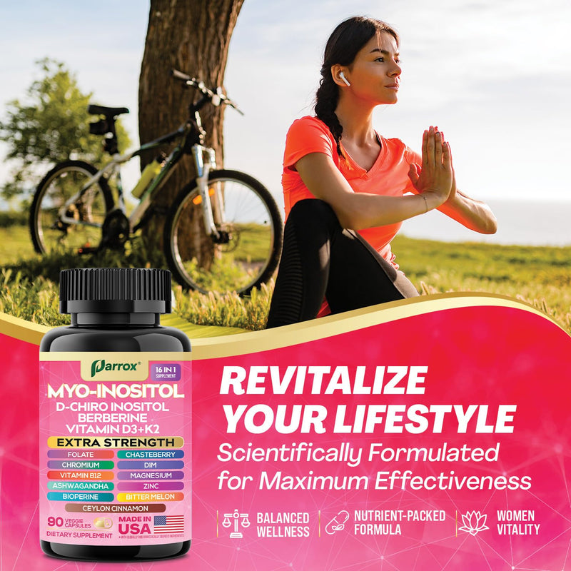 Myo-Inositol Supplement, 15-in-1 D-Chiro & Folate, 90 Vegan Capsules | D-Chiro Inositol, Folate, DIM, Vitamins D3, B12, K2, Chromium, Cinnamon, Zinc, Ashwagandha, Chasteberry 90 Count (Pack of 1)