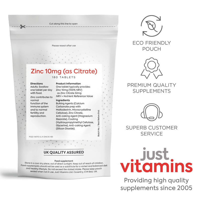 Zinc Citrate 10mg | 100% NRV of Zinc per Tablet | Healthy Bones, Skin, Eyes, Hair & Nails | Cognitive Function & Immune System Support | 180 Vegan Tablets | UK Made - Just Vitamins 1 count (Pack of 180)