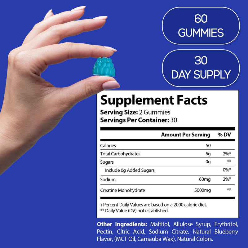 Creatine Monohydrate Gummies 5000mg – High Strength Creatine Gummies for Men & Women – 60 Vegan Gummies – Sugar Free Pre Workout & Muscle Recovery Supplement – Gluten Free & Non-GMO