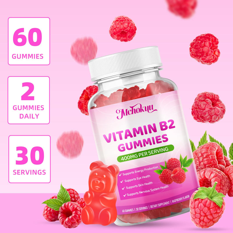Vitamin B2 Gummies 400mg – Riboflavin Supplement with Magnesium for Kids & Adults | Supports Nervous System & Energy Production | Sugar Free, Vegan, Non-GMO, Raspberry Flavor - 120 Count 60 Count (Pack of 2)
