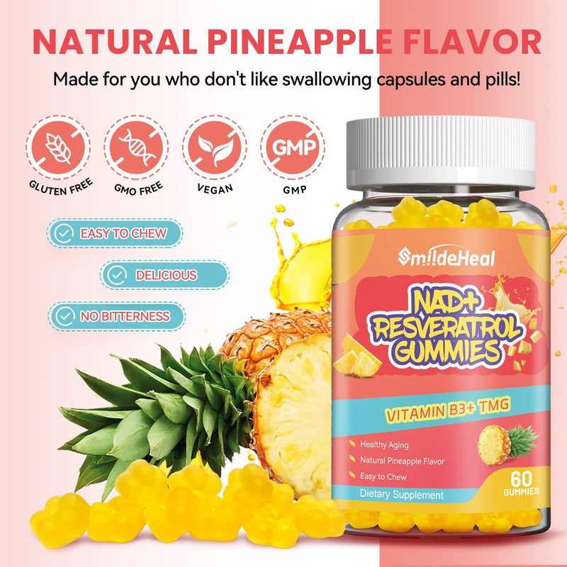 NAD+ Resveratrol Gummies NAD+ Supplement 500mg with Vitamin B3 & TMG – Healthy Aging, Energy & Cellular Health Support – Vegan Friendly, Natural Pectin – 60 Gummies, 30-Day Supply 60 Count (Pack of 1)
