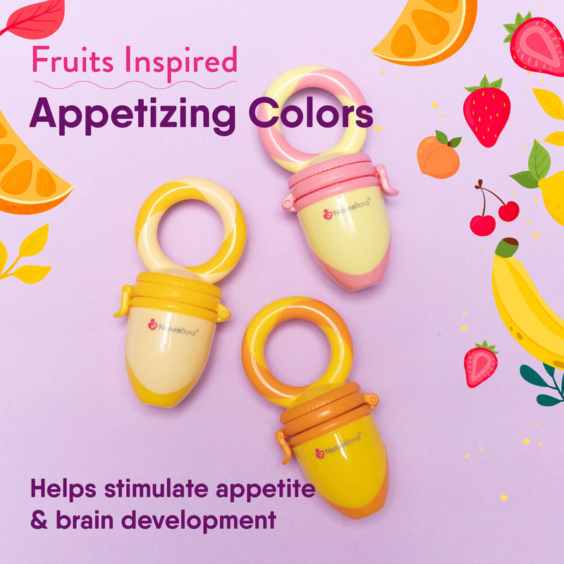 [Australia] - NatureBond Baby Food Feeder/Fruit Feeder Pacifier Nibbler (2 Pack) - Infant Teething Toy Teether Weaning in Appetizing Colors | + Additional Silicone Sacs Peach Pink and Lemonade Yellow 