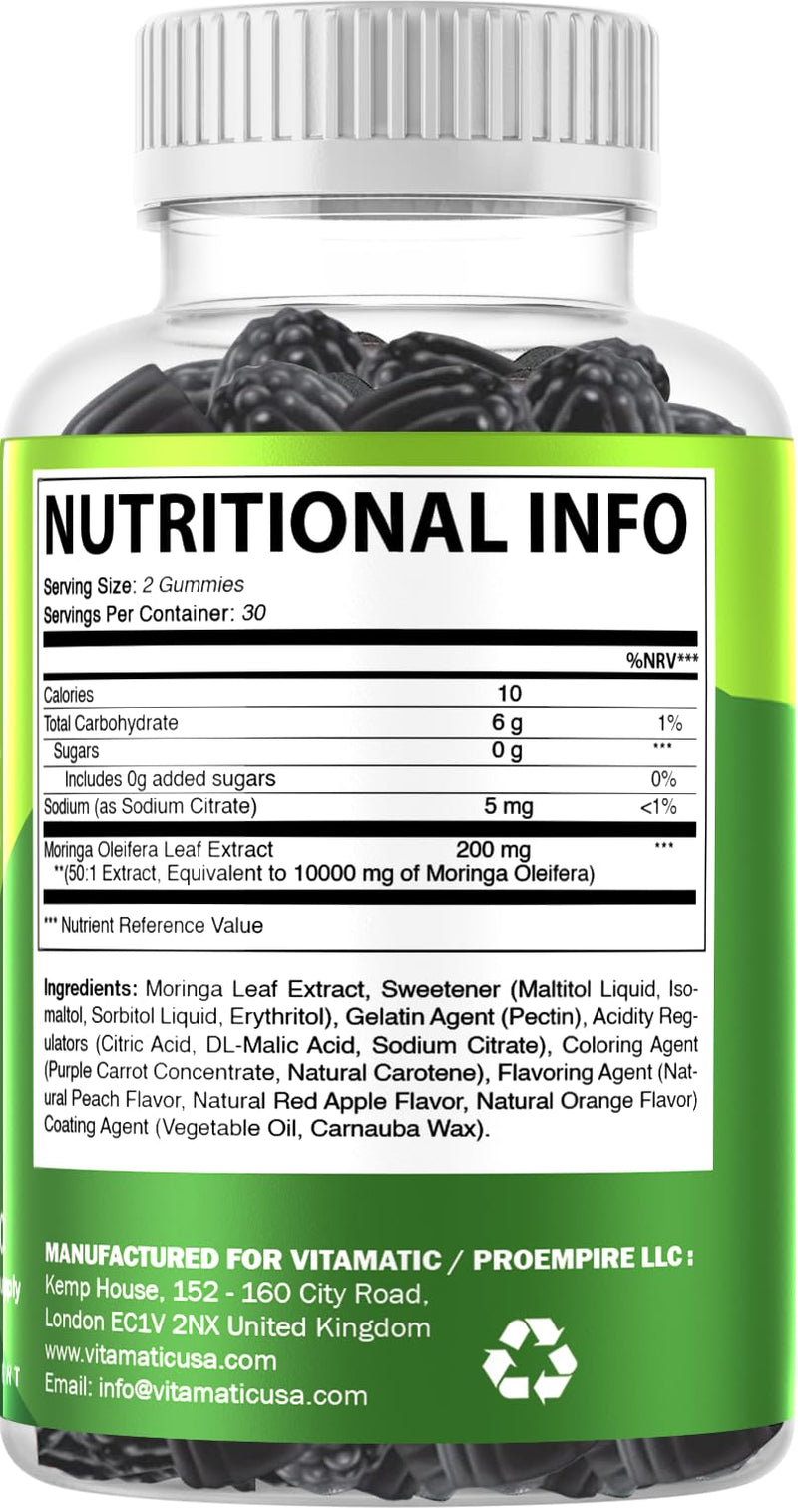Vitamatic Sugar Free Moringa Gummies - 10000 mg Equivalent per Serving - Complete Green Superfood - 60 Pectin Based Gummies