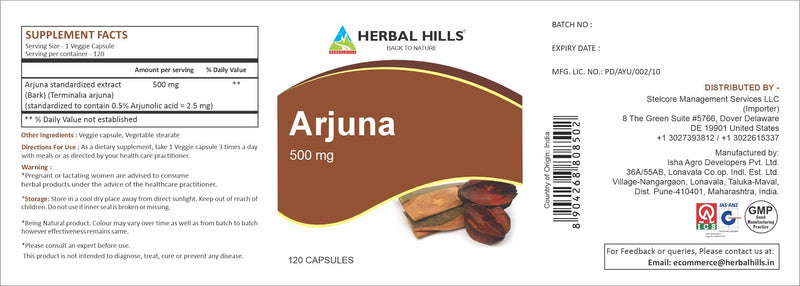 [Australia] - HERBAL HILLS Arjuna Capsules (Terminalia Arjuna) | 120 Count (500 mg) | Standardized Extract Wellness and Health Supplements with Arjuna Bark Extract 