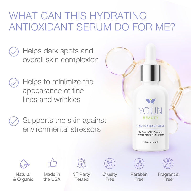 YOUN Beauty 20% Vitamin C Face Serum with Hyaluronic Acid, Ferulic Acid & Vitamin E by Holistic Plastic Surgeon Dr. Anthony Youn | Antioxidant Serum for Face for Skin Hydration, 60 ml