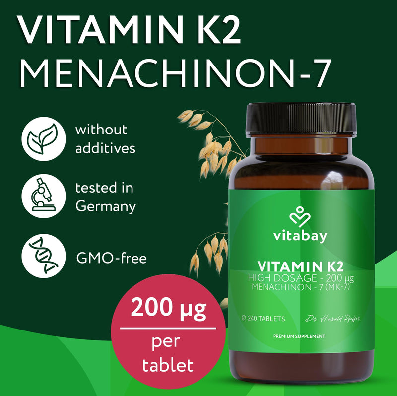 Vitabay Vitamin K2 MK-7 200 µg – 240 Vegan Tablets – Bones & Blood Clotting – High Strength MK7 All-Trans Microencapsulated – Lab Tested in Germany – 8 Month Supply 34 g (Pack of 1)